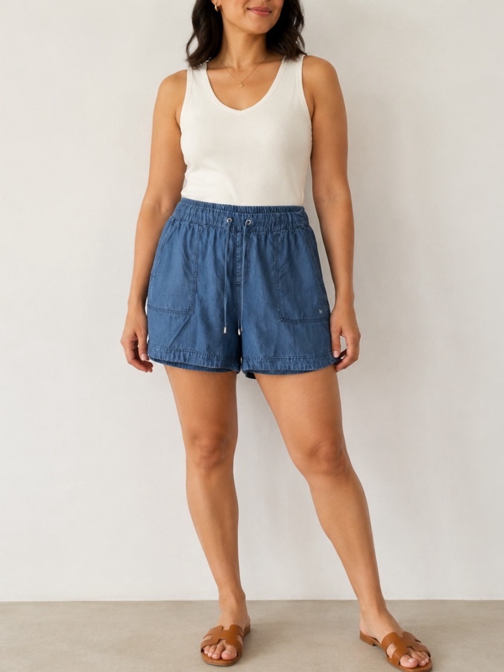 Calvin Klein Drawstring High-Waist Chambray Shorts - Blue